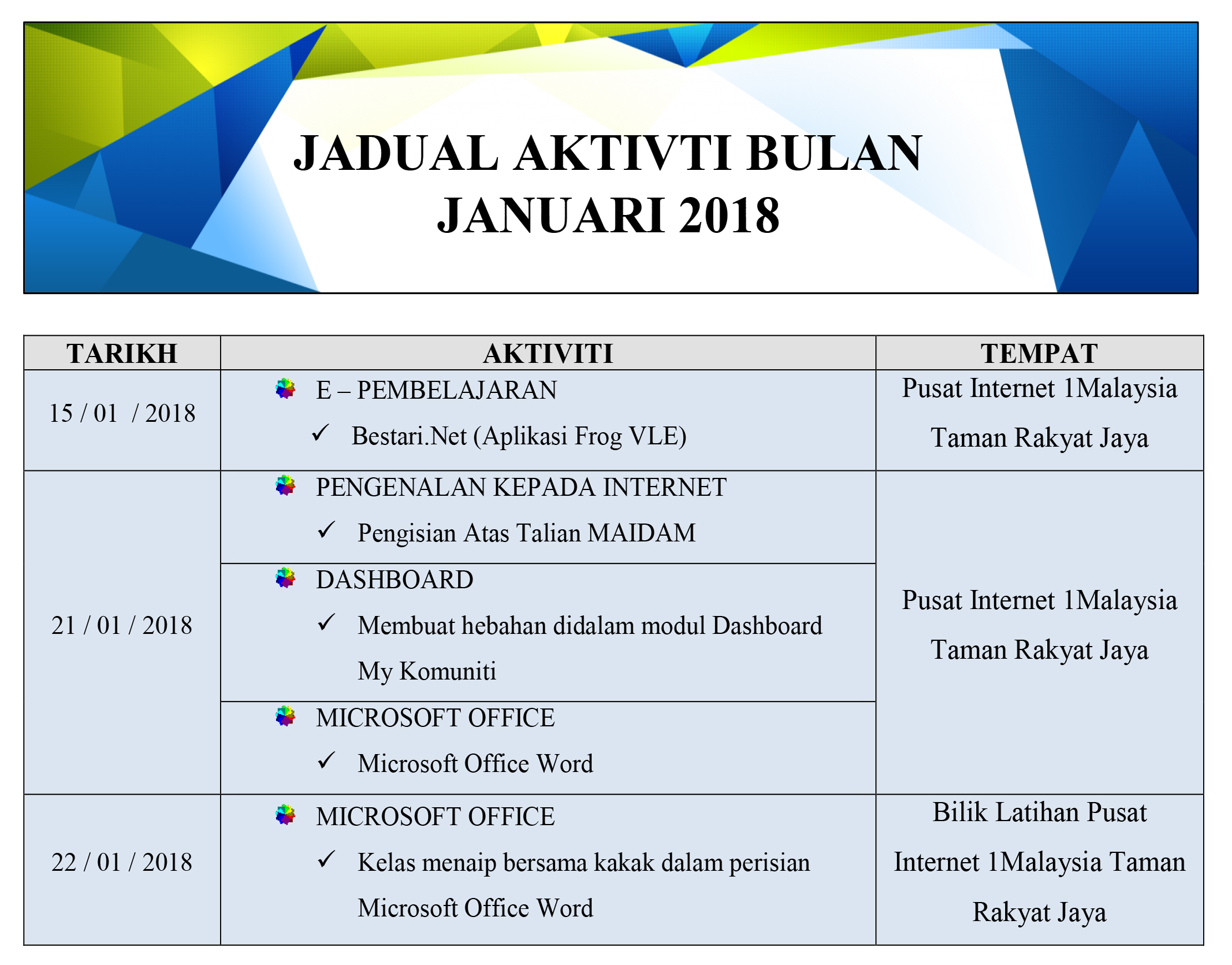 Jadual Aktiviti Jan