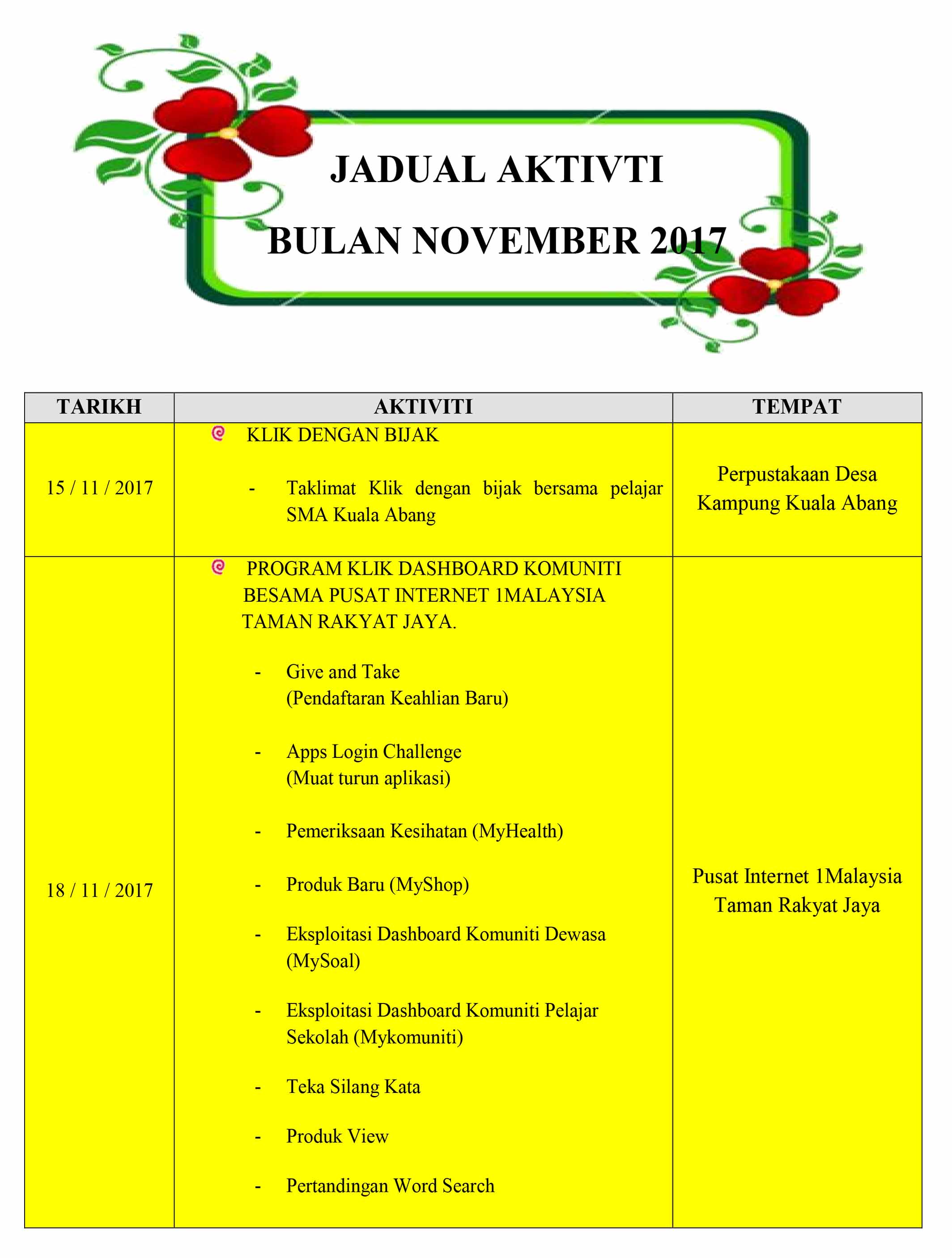 Jadual aktiviti Nov