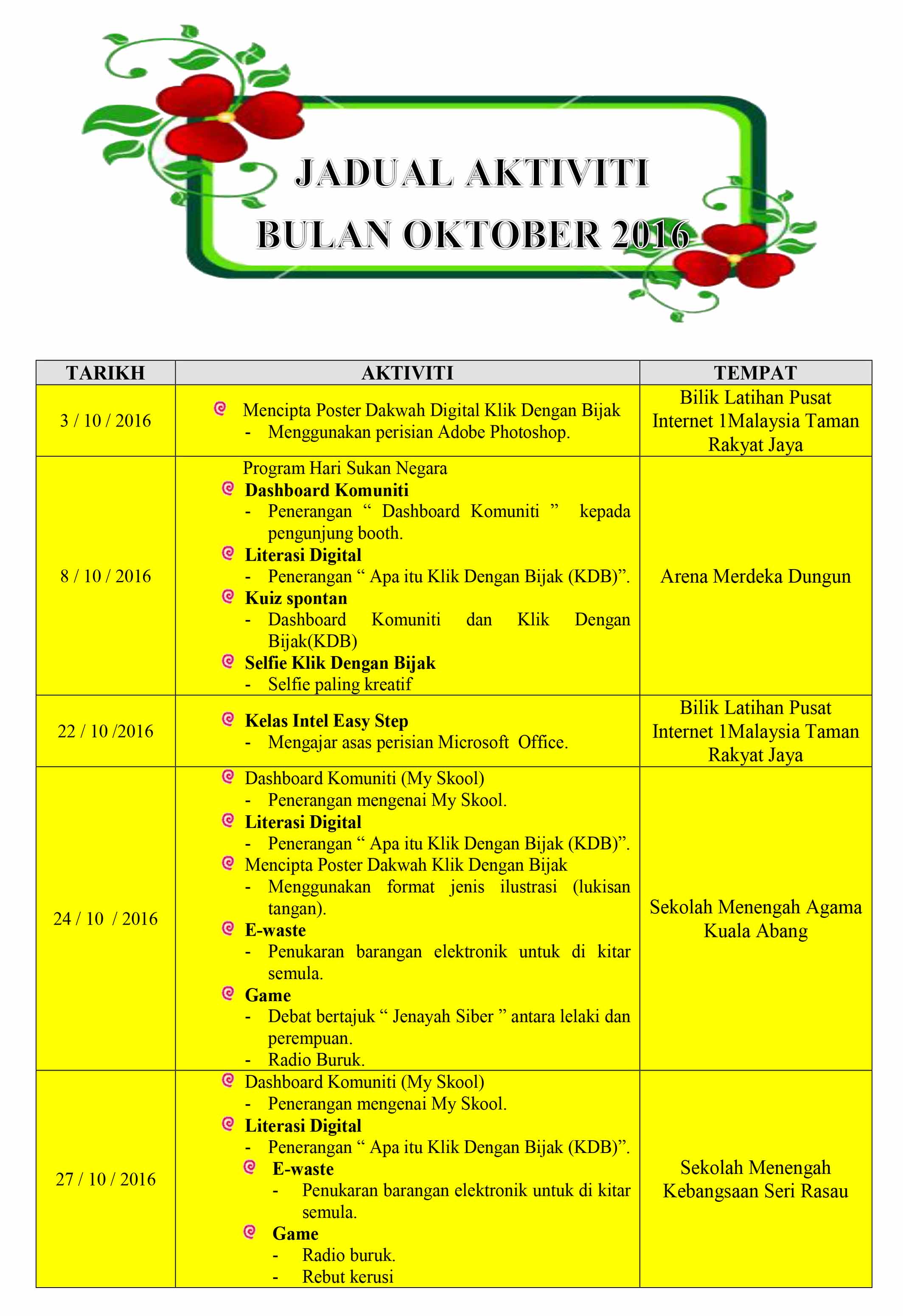 Jadual Aktiviti Oktober